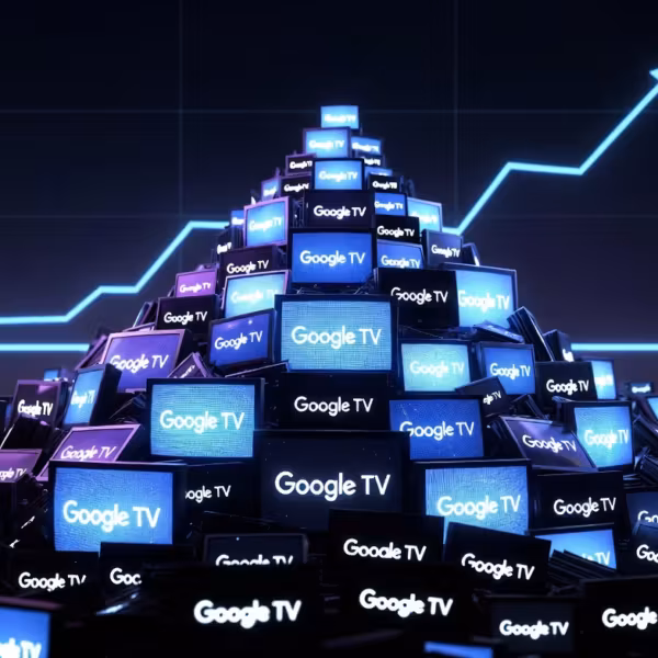 Множество телевизоров с логотипом Google TV на пирамиде
