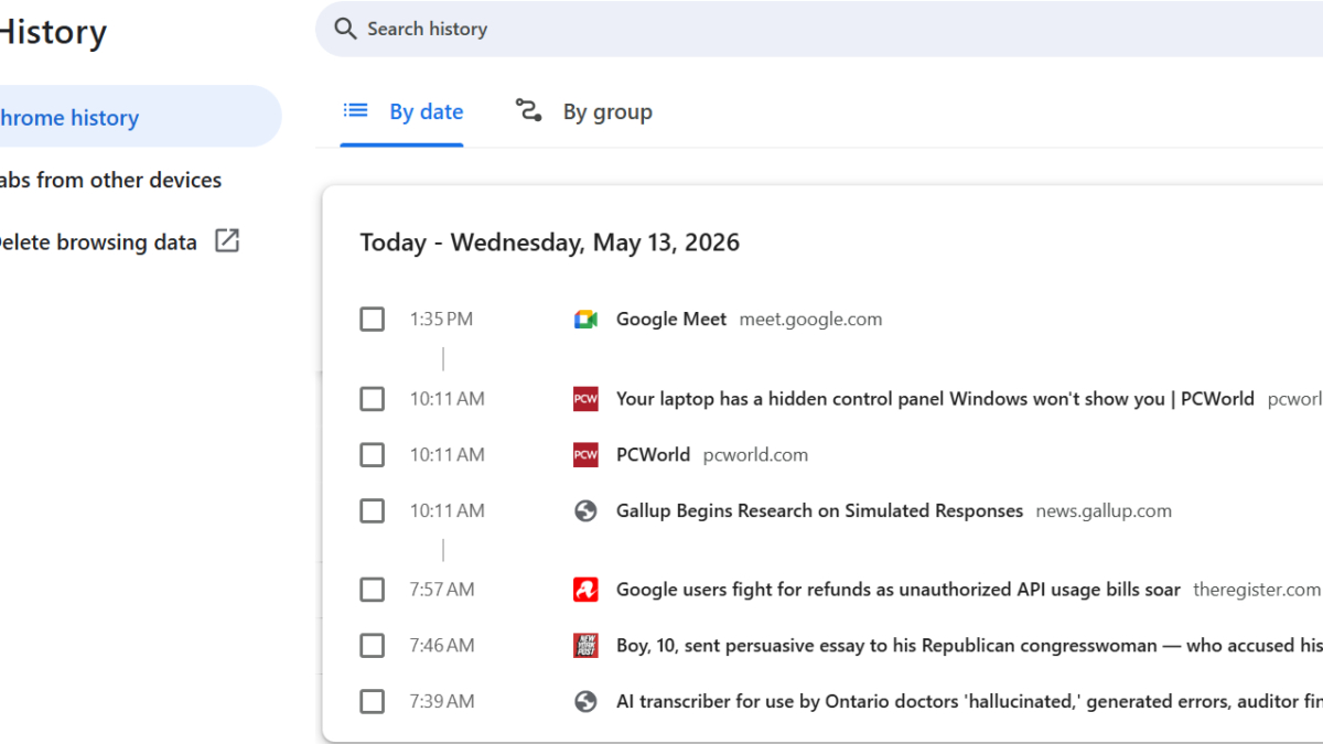 История браузера Chrome в Google Истории с записями за 13 мая 2026 года