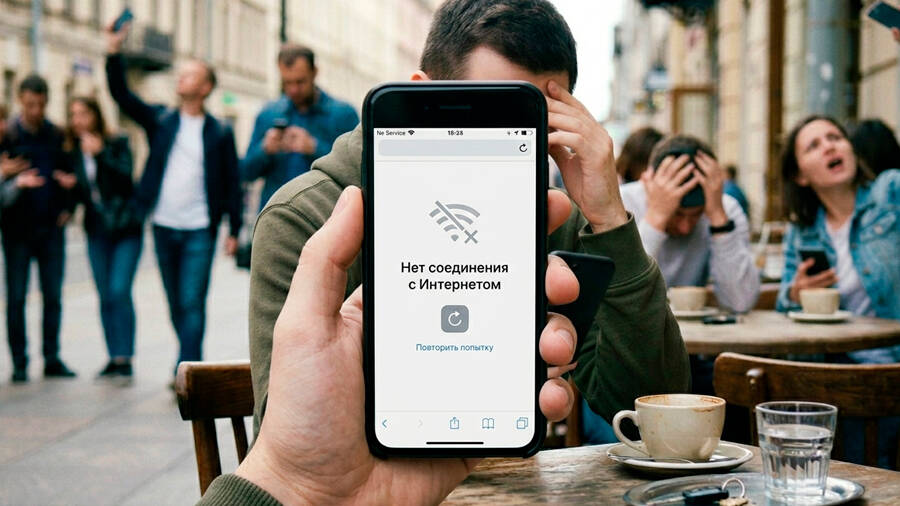 смартфон с иконкой Wi-Fi и текстом Нет соединения с Интернетом в руке человека