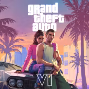 Два персонажа возле авто на фоне пальм и зданий GTA VI