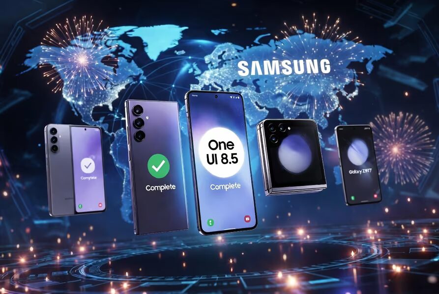 Много смартфонов Samsung Galaxy Fold и Z Flip с фейерверками на фоне карты мира