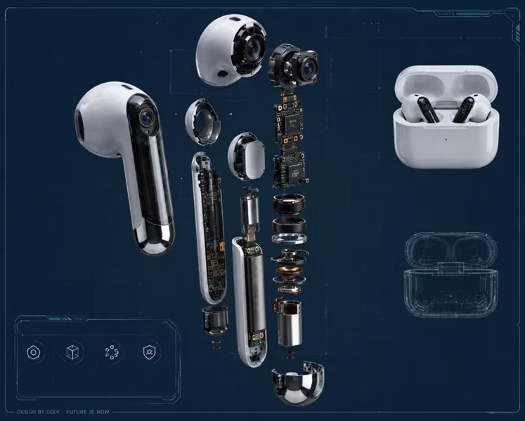 Раскрытая конструкция AirPods с внутренними компонентами и чехлом