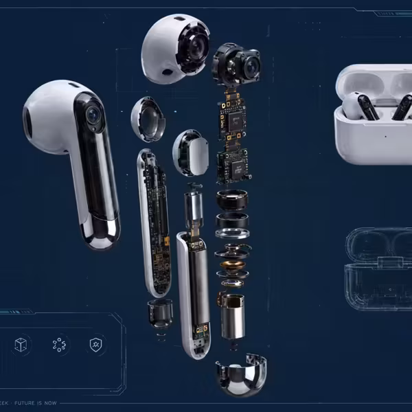 Раскрытая конструкция AirPods с внутренними компонентами и чехлом
