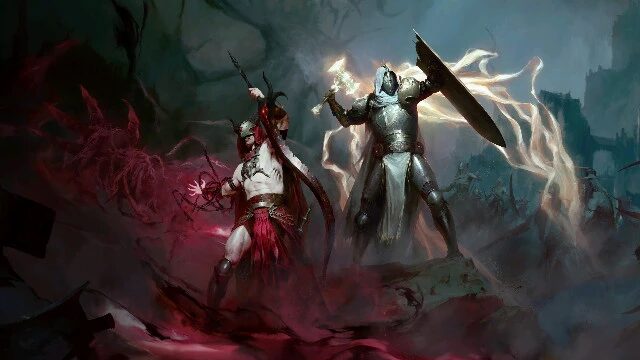 Два демона с оружием в мрачном пейзаже Diablo 4