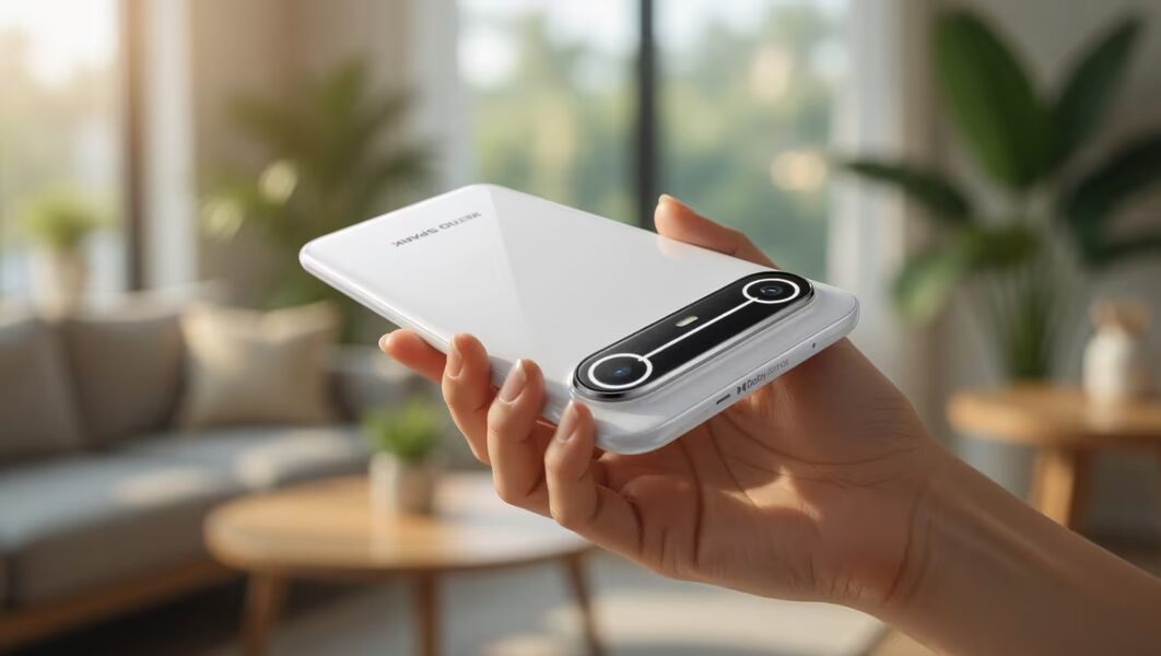 смартфон Tecno Camon Slim в руке, задняя сторона, камера и корпус