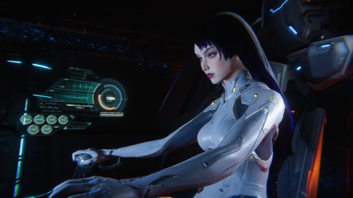 Киберпанковая женщина в скафандре за пультом Mecha Break