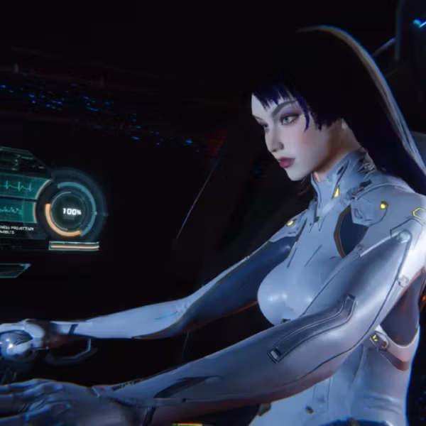 Киберпанковая женщина в скафандре за пультом Mecha Break
