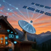 Дети и взрослый используют ноутбук рядом со спутником Starlink