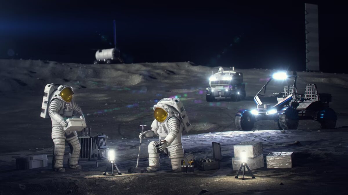 Астронавты на луне с оборудованием NASA лунная база у южного полюса