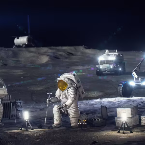 Астронавты на луне с оборудованием NASA лунная база у южного полюса