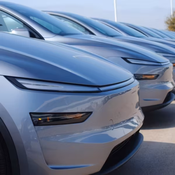 Несколько серых Tesla Model Y в ряд на парковке