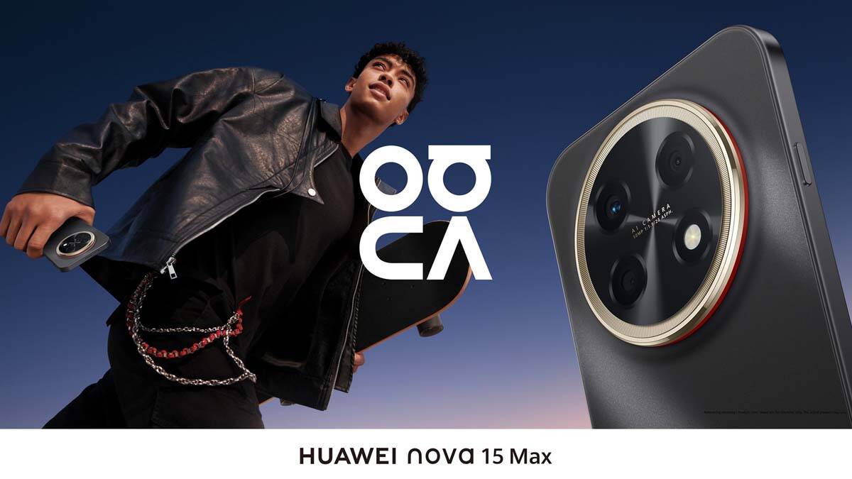 Мужчина держит смартфон Huawei nova 15 Max с черной кожаной курткой