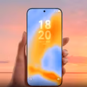 Плоский смартфон Huawei в руке на фоне заката