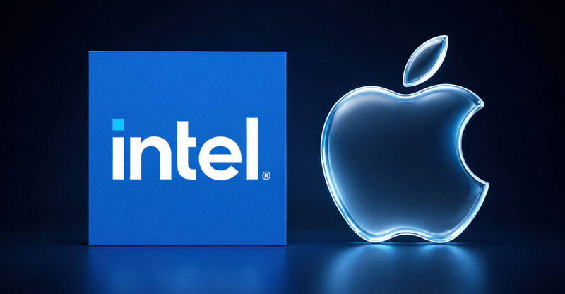 Логотипы Intel и Apple на тёмном фоне