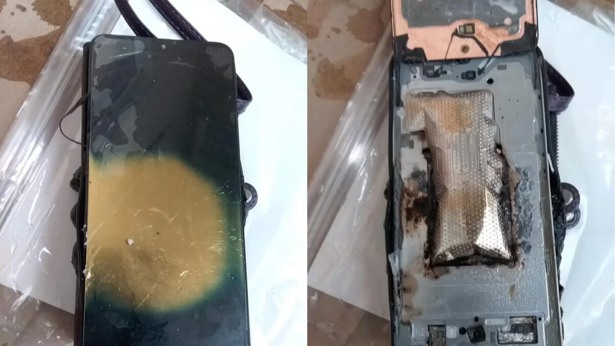 Обгоревший телефон Samsung Galaxy S25 FE внутренний вид литая плата