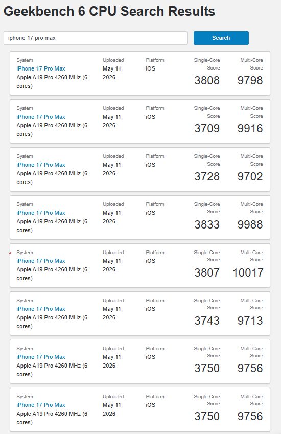 Результаты теста Geekbench 6 для iPhone 17 Pro Max