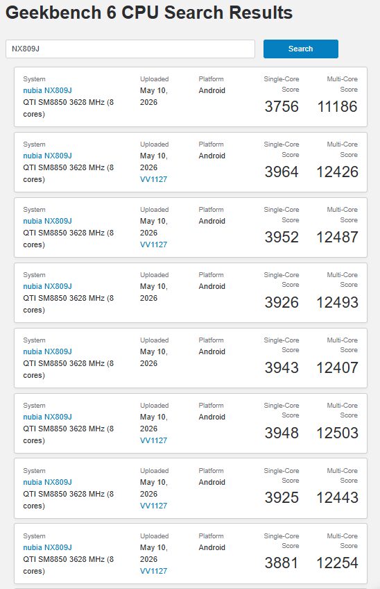 Результаты теста Geekbench 6 для Nubia NX809J и Nubia NX809J с разными версиями прошивки