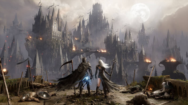 Герои в боевой одежде стоят перед замком Lords of the Fallen 2