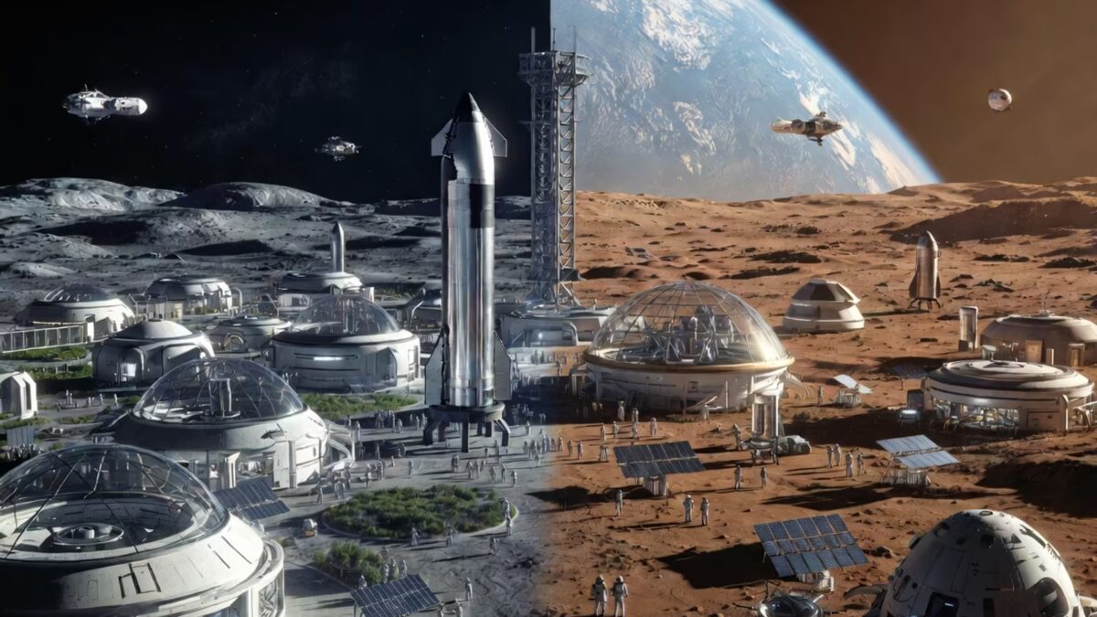 Космическая база SpaceX на Луне с ракетами и астронавтами