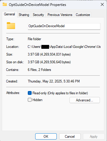 свойства папки OptGuideOnDeviceModel в Windows
