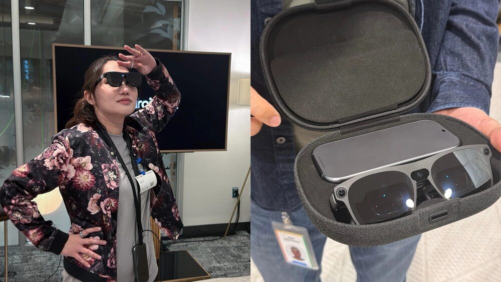 Женщина в солнцезащитных очках и цветастой куртке держит VR устройство в чехле