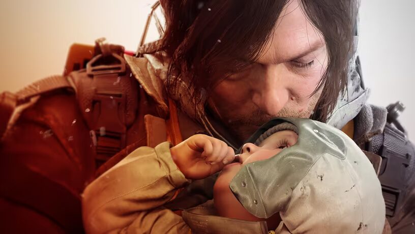 Ключевой момент сцены из игры Death Stranding 2 с участием героя и ребёнка