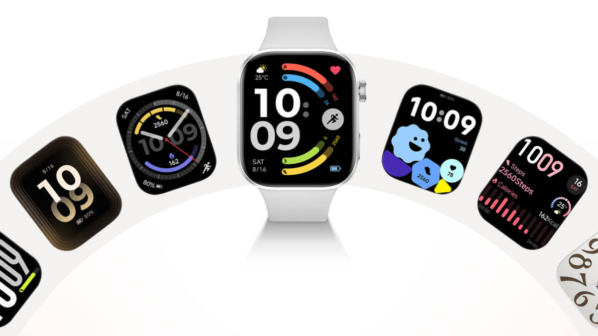 Несколько умных часов и смартфонов Redmi Watch 6. Показывают время, активность, погоду, стресс, шаги. В центре триумфально Redmi Watch 6