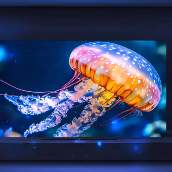 Телевизор Xiaomi TV FX Mini LED на сцене с голубыми шторами