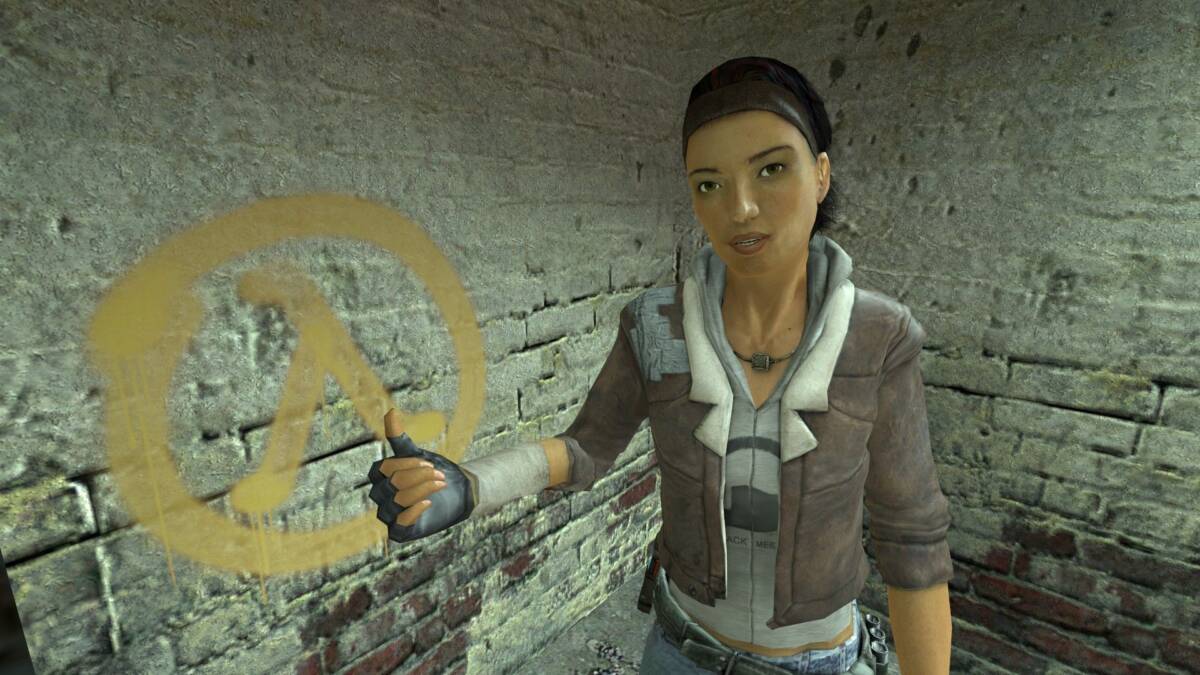 героиня Half-Life 2 пишет на стене граффити канализация