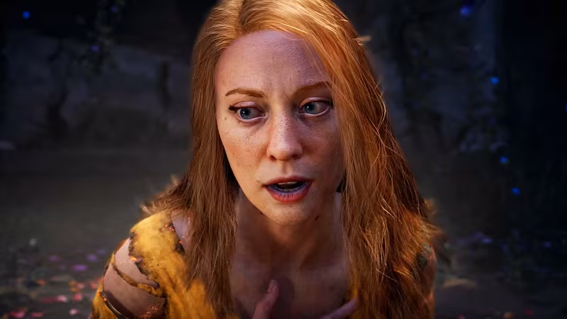 Женщина с рыжими волосами в сцене God of War Laufey