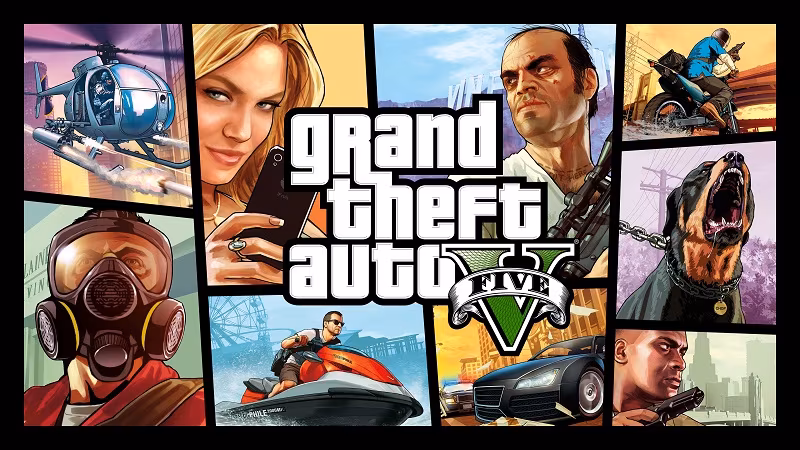 Обложка GTA V для PS5 и Xbox с героями и транспортом