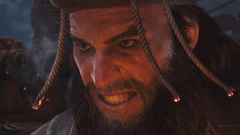 Крупный портрет мужчины с длинными темными волосами и бородой из Assassin’s Creed Black Flag