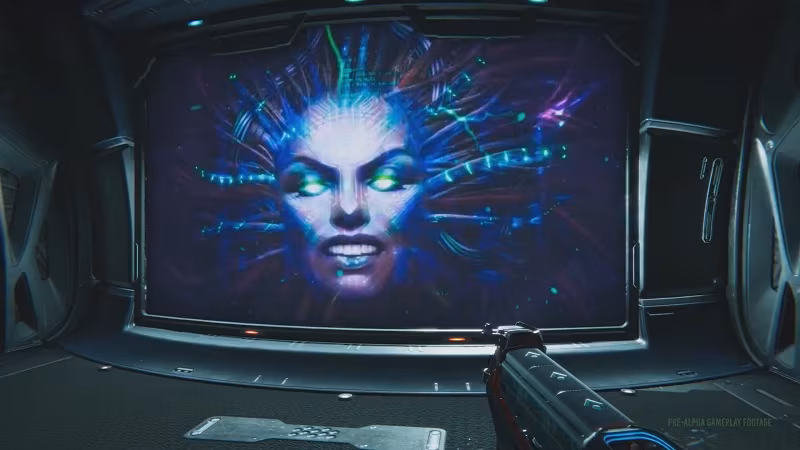 Кадр видеоигры System Shock 3 с женщиной в головном устройстве