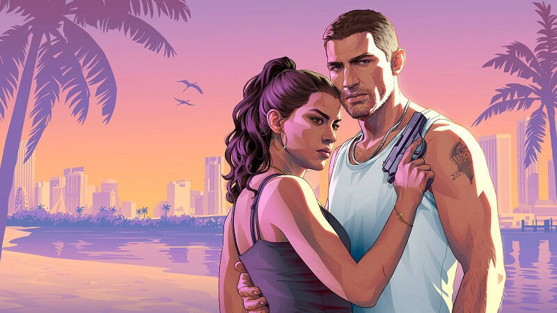 Арт с двумя персонажами и небом заката при GTA VI
