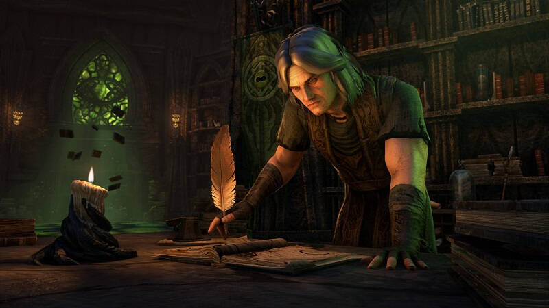 Персонаж с зелёными волосами пишет в книгах в библиотеке The Elder Scrolls VI