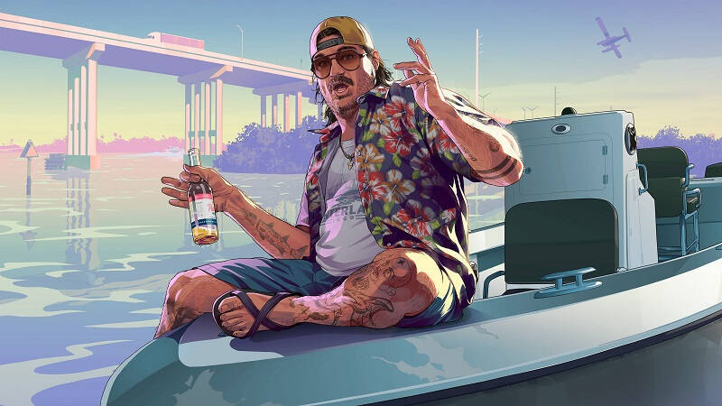 Мужчина в цветной рубашке и бейсболке на лодке GTA VI