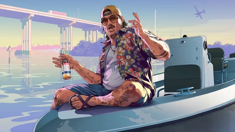 Мужчина в цветной рубашке и бейсболке на лодке GTA VI