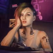 женщина с короткой стрижкой татуировки в баре в стиле Cyberpunk 2077