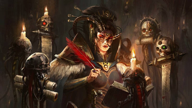 Темная сцена с женщиной в костюме демона, свечами и скелетами. Rogue Trader лаунчер