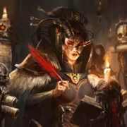 Темная сцена с женщиной в костюме демона, свечами и скелетами. Rogue Trader лаунчер