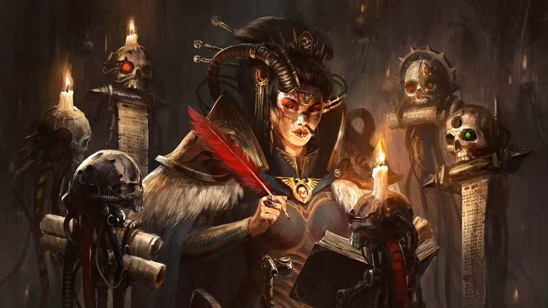 Темная сцена с женщиной в костюме демона, свечами и скелетами. Rogue Trader лаунчер