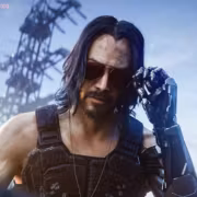 Киберпанк-герой в солнцезащитных очках и металлической руке CD Projekt