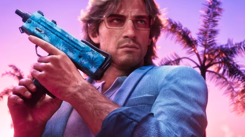 Мужчина с пистолетом на фоне пальм в закате в GTA VI на PS5