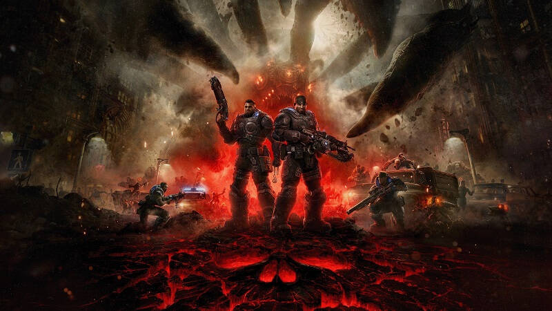 Военные бежат по разрушенной улице с оружием Gears of War E-Day