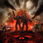 Военные бежат по разрушенной улице с оружием Gears of War E-Day