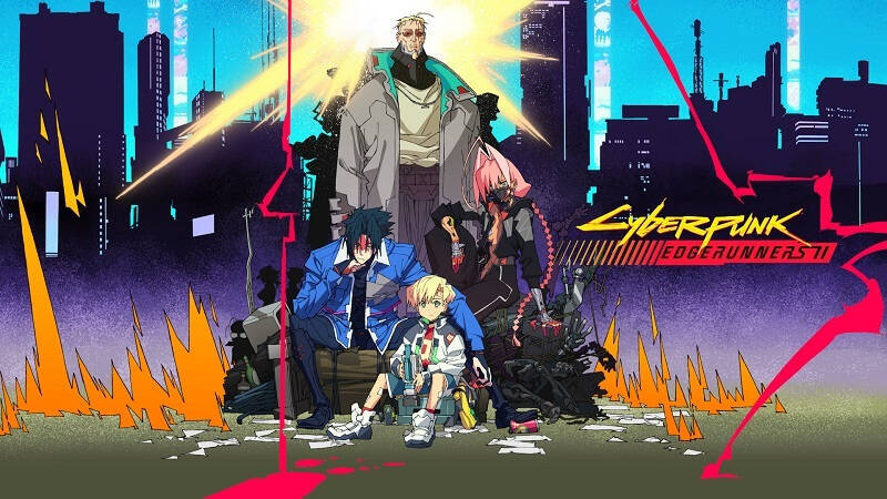 Группа персонажей из аниме Cyberpunk Edgerunners 2 на фоне города с улицами и небоскрёбами