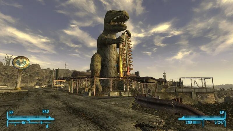 Крупномасштабная статуя динозавра в пустыне сериал Fallout