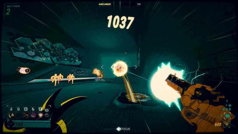 Сцена шутера с оружием и взрывами в игре Robobeat