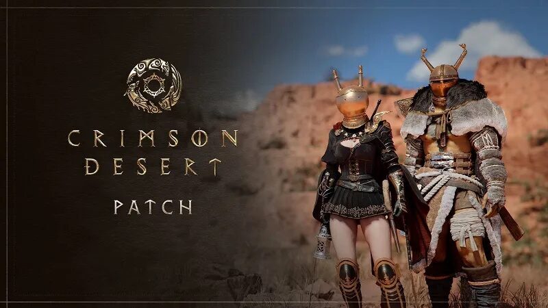 Два героя в костюмах в пустынной местности Crimson Desert патч