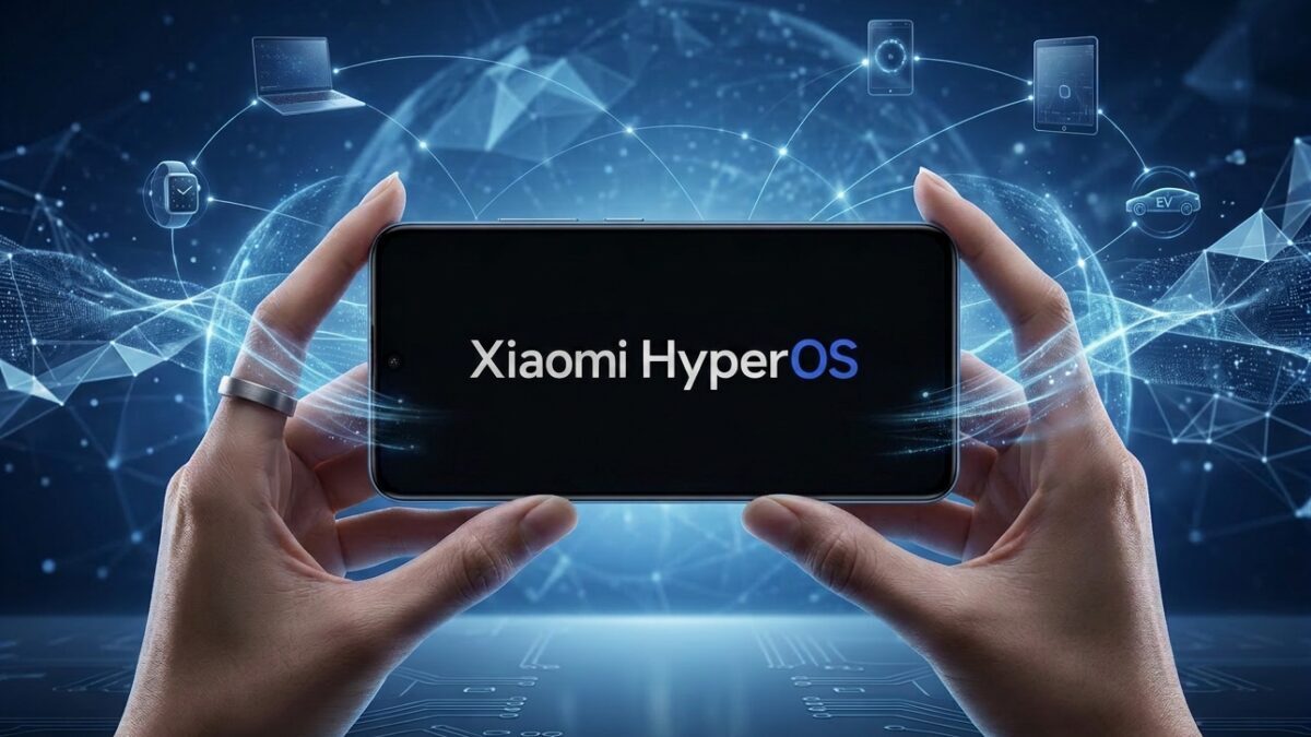 Смартфон Xiaomi HyperOS на руке с фоном технологий
